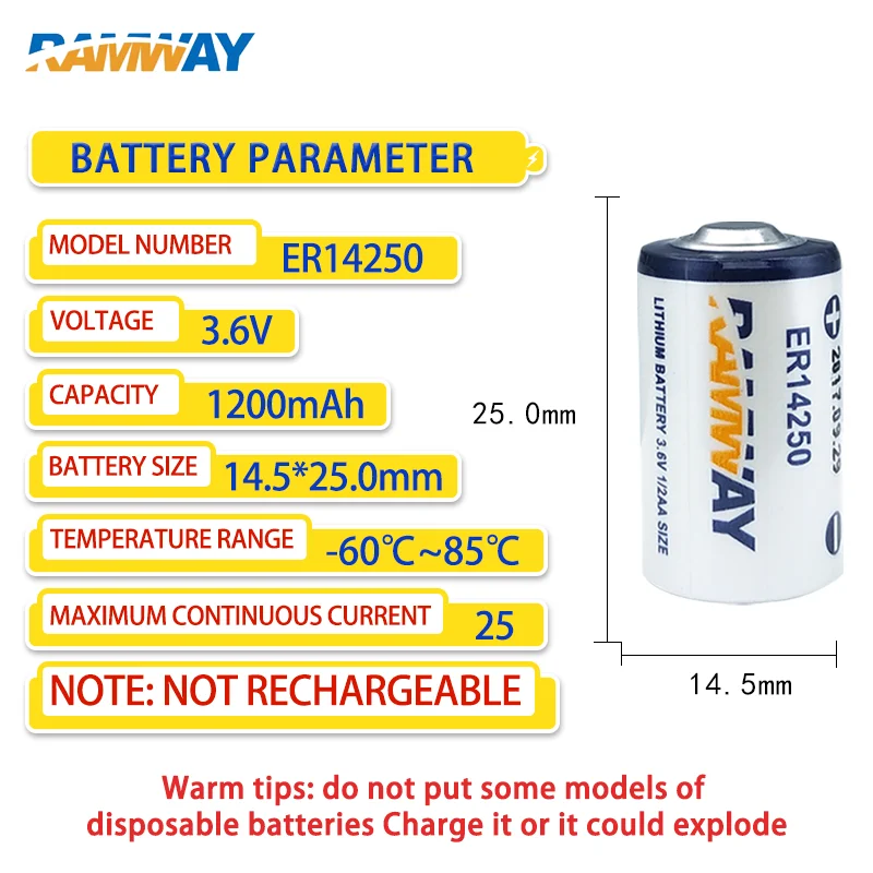 RAMWAY ER14250 3.6V lithium battery for servo PLC industrial control machine programmer ETC probe IoT 1/2AA