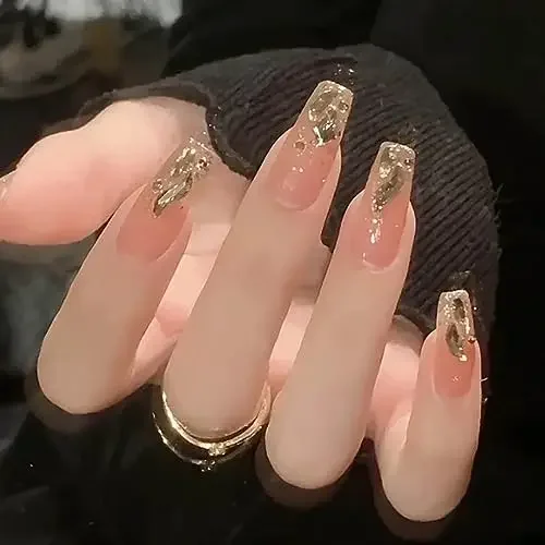 

24PCS Bling Gold Coffin Press on Nails Fake Nails Nude Pink Tips Full Cover Medium False Gradient Nails for Women Girls