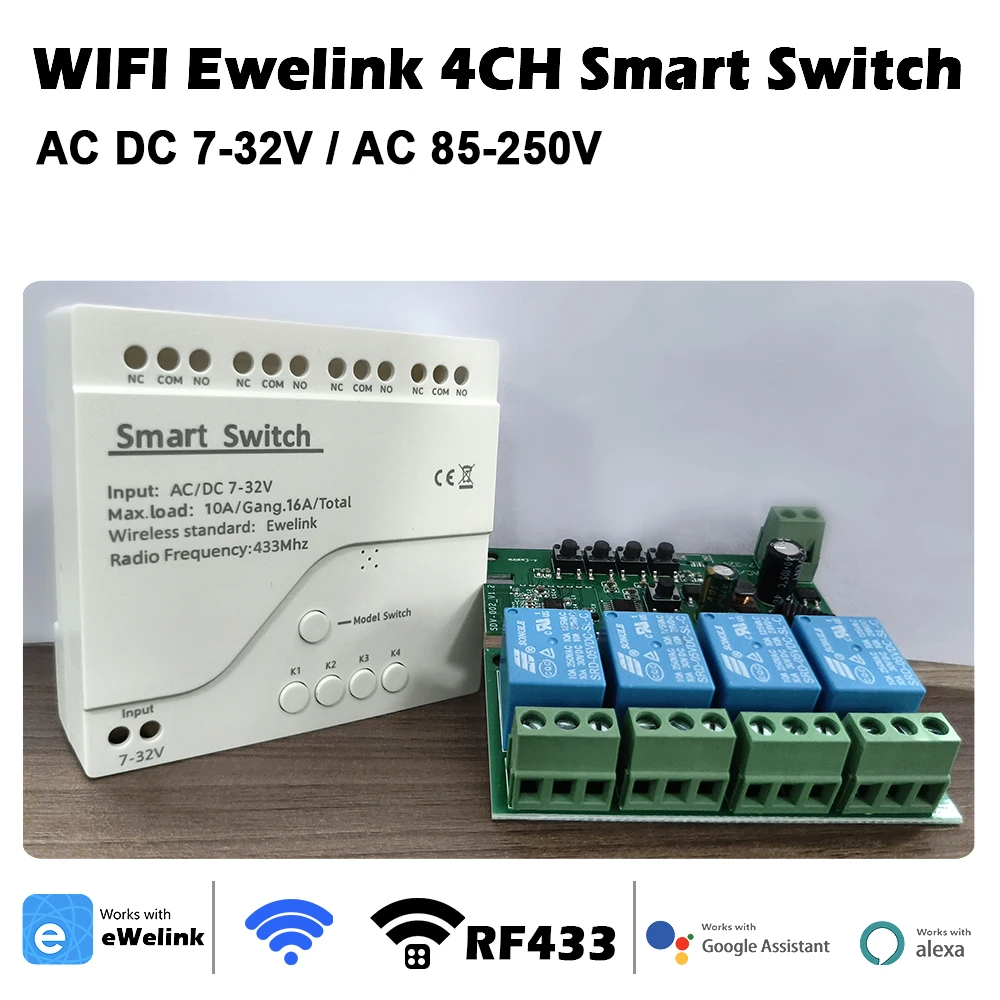 

4-полосный интеллектуальный контроллер переключателя Wi-Fi EWeLink, 7-250 В, 10 А, приемник на DIN-рейку, реле, таймер, работа с Alexa Google Home
