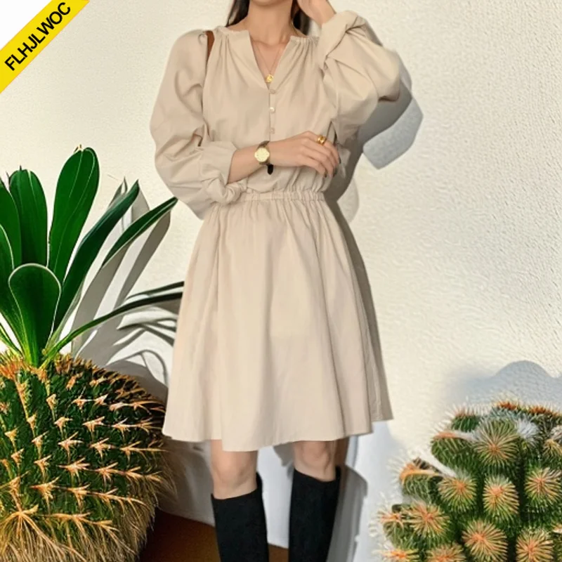 

Shirt Dresses New Design Autumn Spring Women Basic Wear Long Sleeve Slim Waist Chic Korea Retro MinI Dress Feminine Vestidos