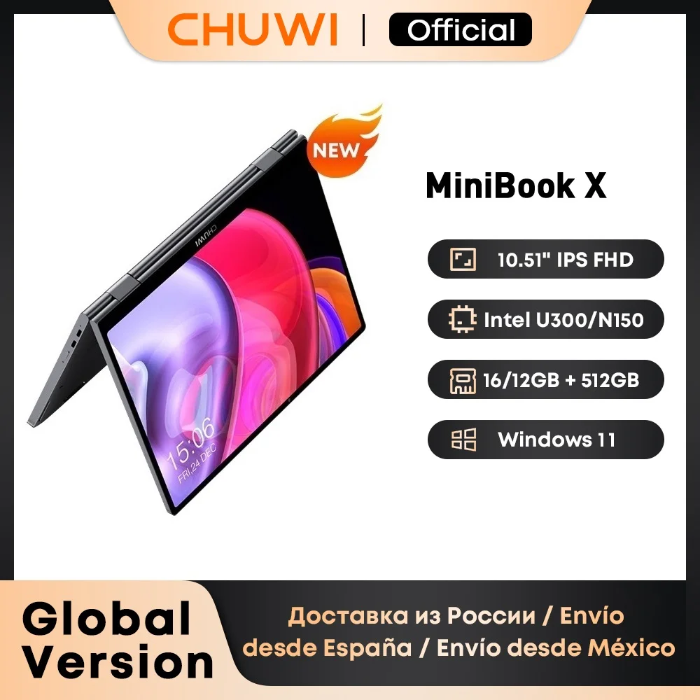 CHUWI MiniBook X ノートパソコンタブレット 2 in 1 Intel U300/N150 10.51インチ FHD IPSスクリーン 16GB / 12GB RAM LPDDR5 512GB SSD Windows 11 ノートブック