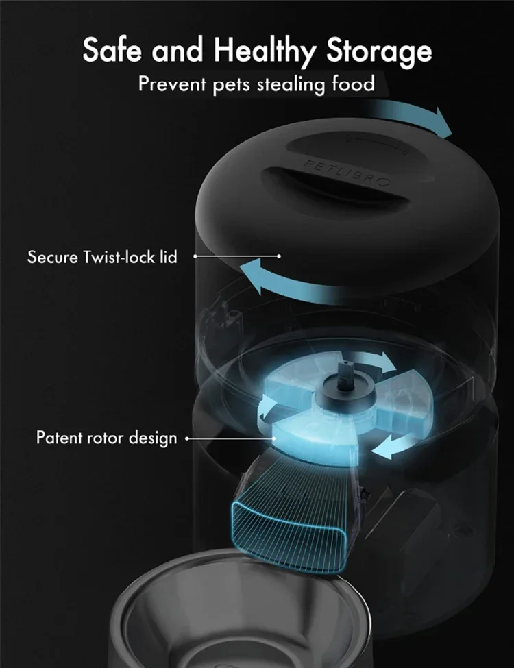 Hot SalesAutomatic Pet Feeder Pet Dry Food Dispenser Triple Preservation With Stainless Steel Bowl & Twist Lock Lid