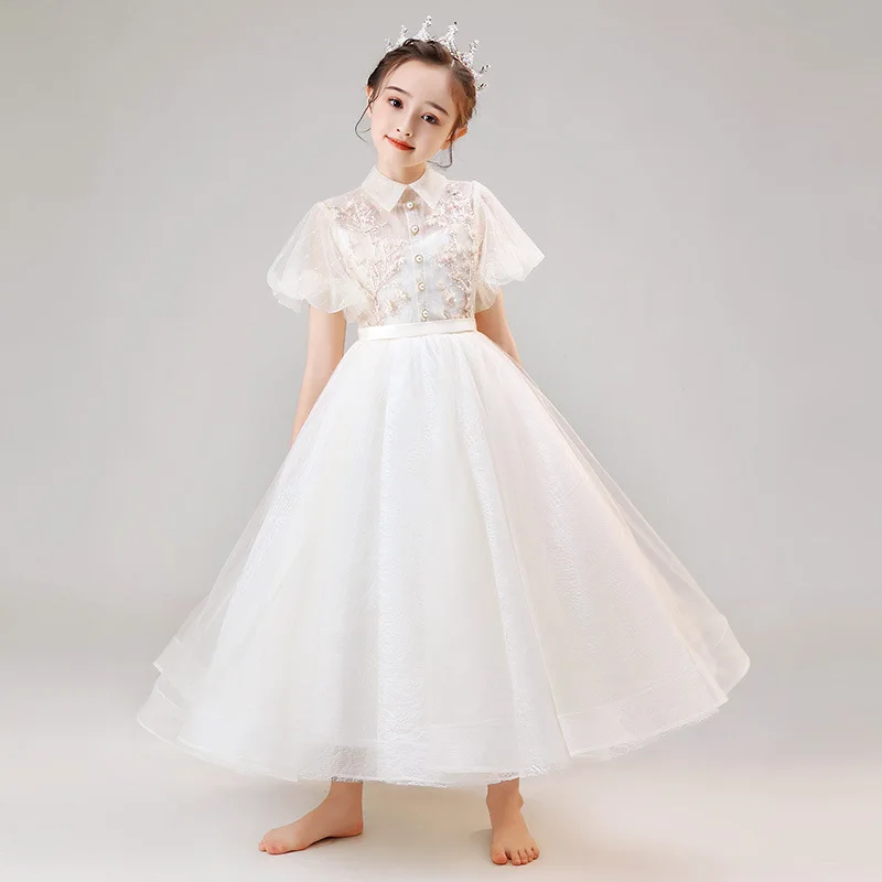 White Elegant Dress for Young Girls Kids Flower Appliques Ball Gowns Children Baptism Pageant Birthday Formal Party Vestidos