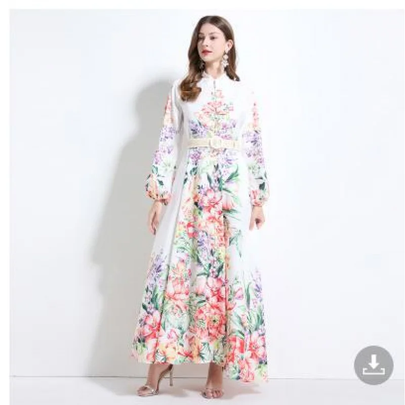 2025 Vacation Style Watercolor Floral Linen Print Lantern Sleeve Waist-Defining Full Skirt Ruffled Dress A001