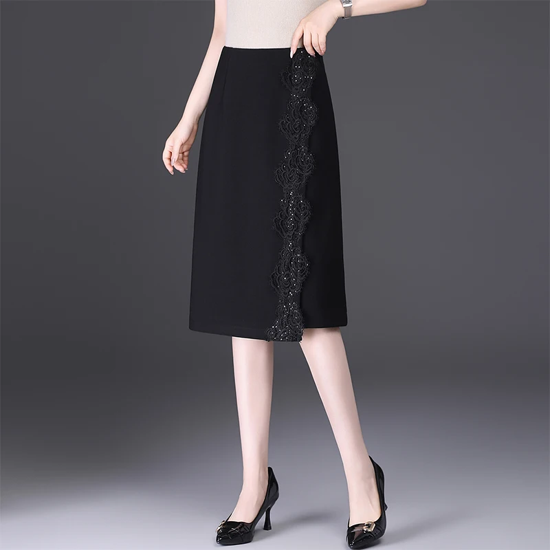 

Женская юбка с кружевной отделкой и вышивкой, с высокой талией, облегающая, с разрезом, весна 2026, модная, для офиса, из полиэстера