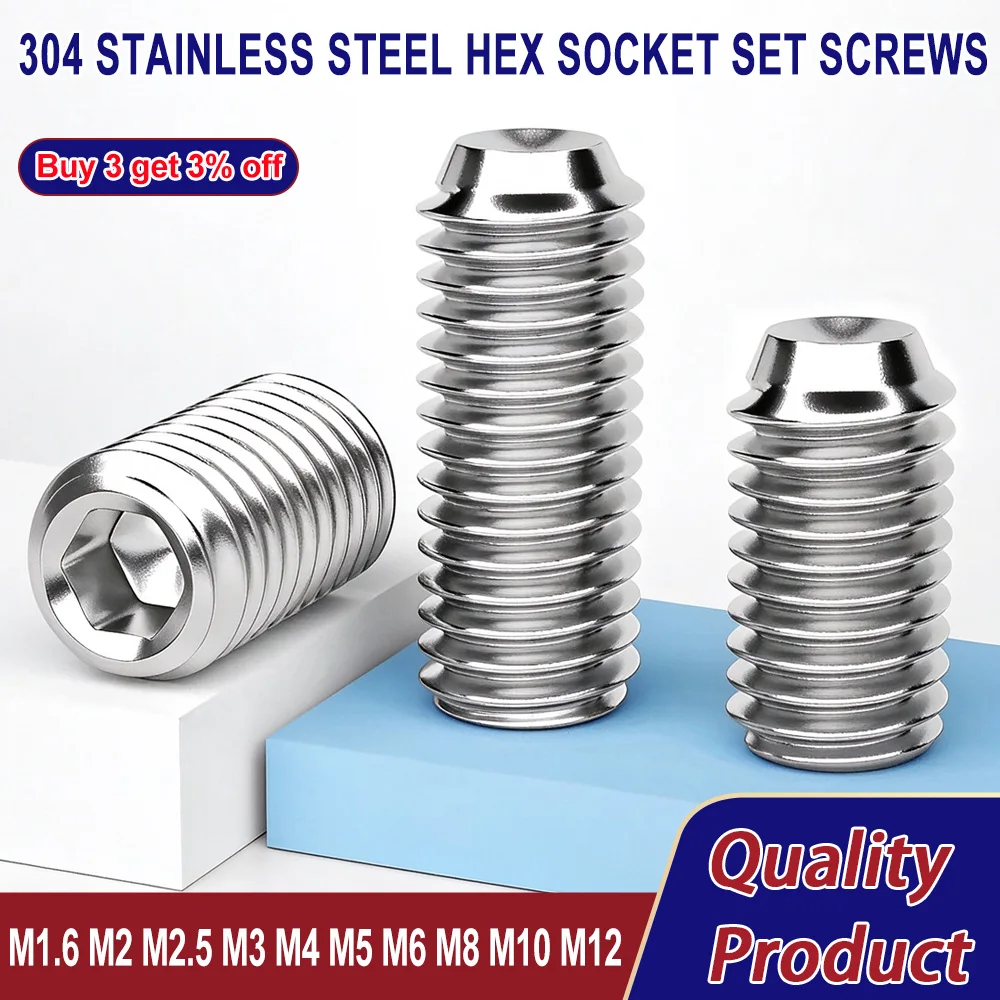 Grub Screw 304 Stainless Steel DIN916 Allen Hexagon Socket Cup Point Set Bolt Locking Screws M1.6 M2 M2.5 M3 M4 M5 M6 M8 M10 M12