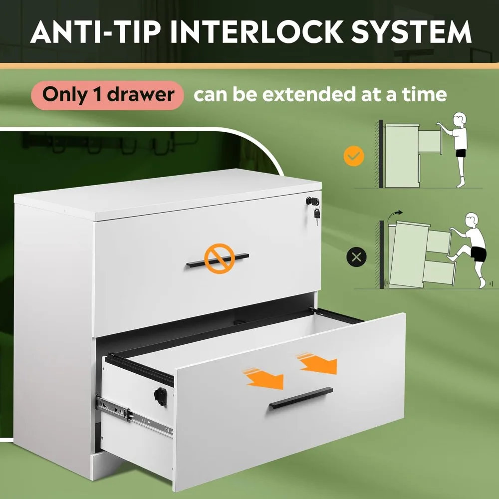 2-Drawer Wooden Locking Lateral File Cabinet for Home Office, White