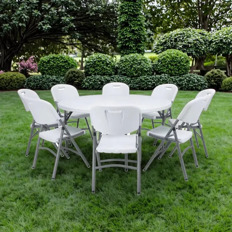 for 60 Inch Round Folding Banquet Table 10 Person HDPE Plastic Countertop Wedding Party Event Dining Table