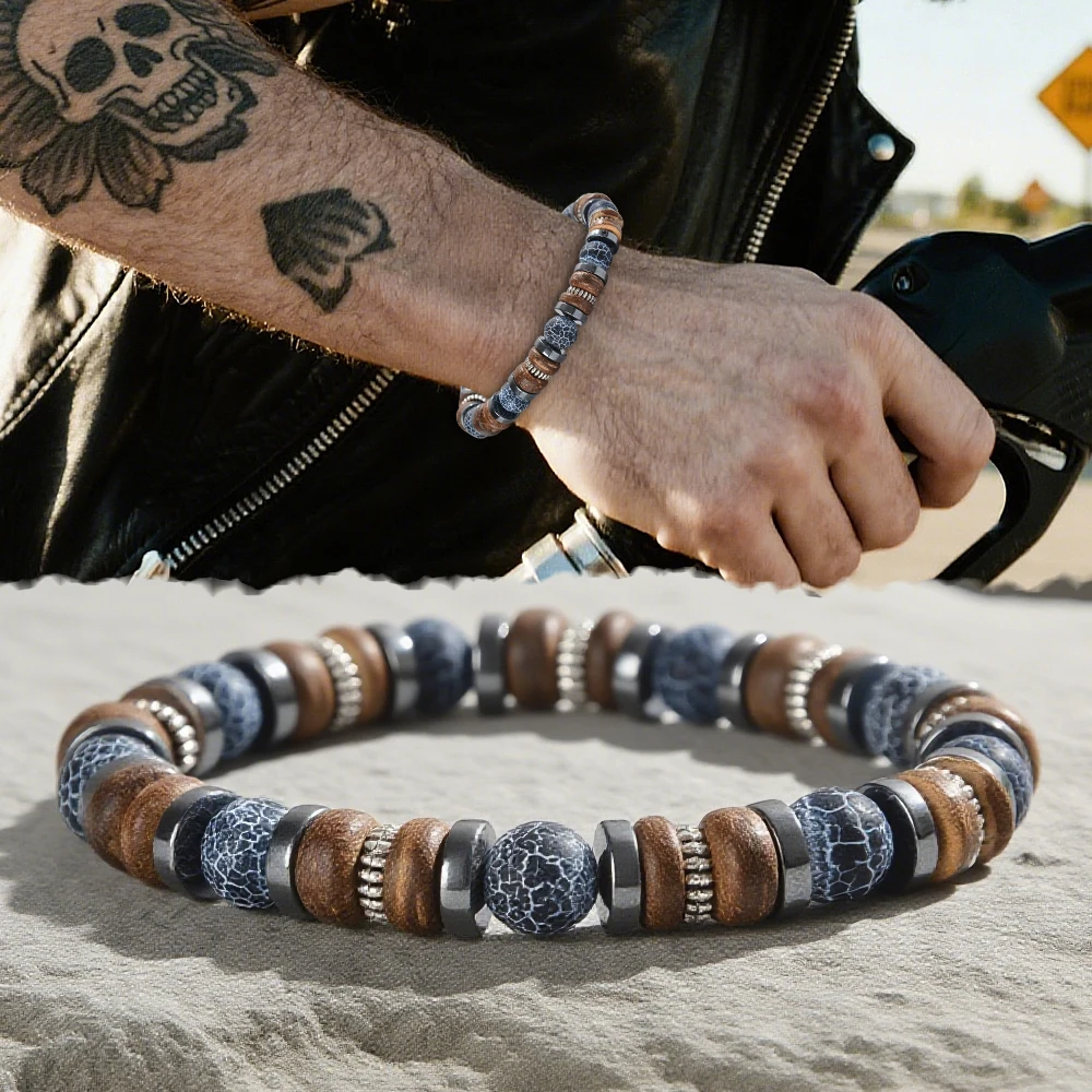 1-teiliges Herren-Perlenarmband, entworfen mit Holz-, Vulkanstein- und Metallperlen, elastisches Armband, geeignet für den täglichen Gebrauch