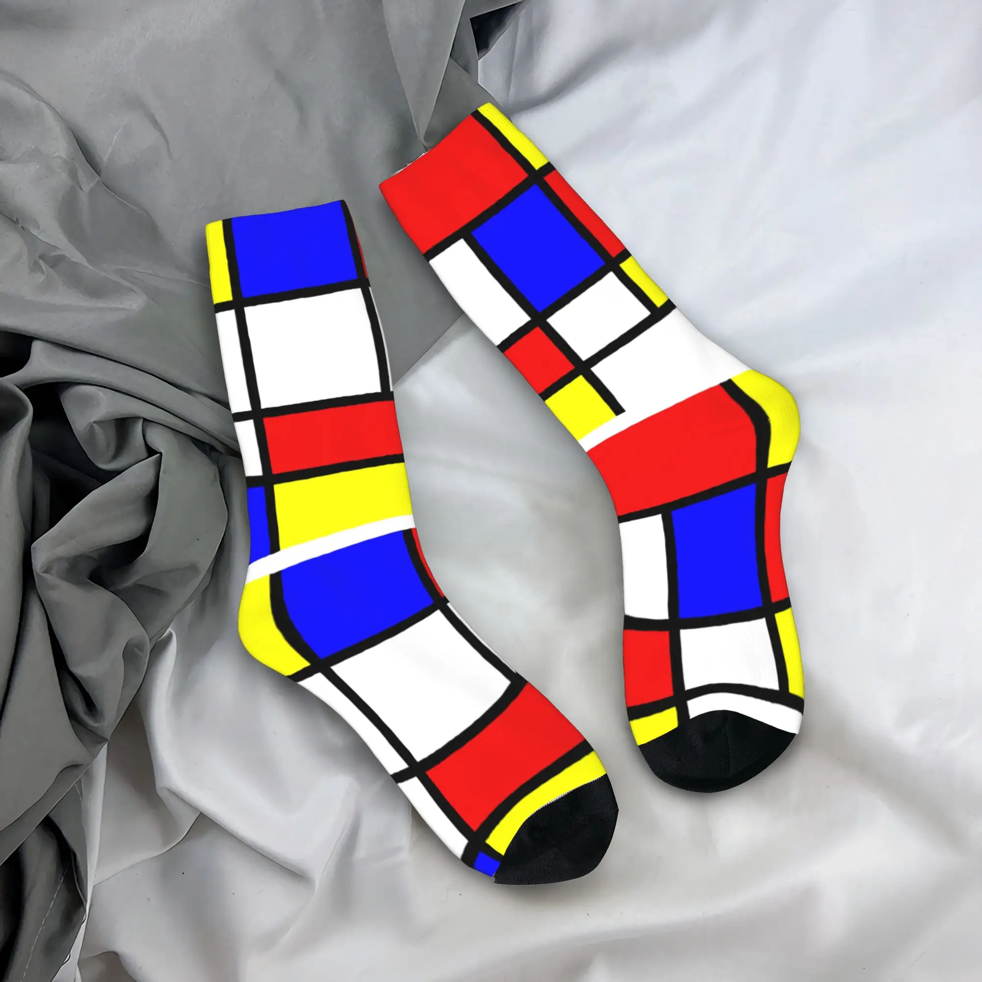 Custom Novelty Printed Mondrian Red Yellow Blue Abstract Socks for Men Women Stretch Autumn Winter Geometric Modern Crew Socks