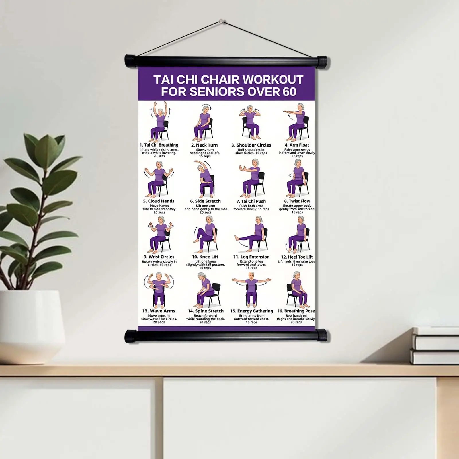 Senior Tai Chi Chair Exercise Poster Beginner Workout Guide Scroll Wall Art for Elderly Rehabilitation Fitness Training and Home