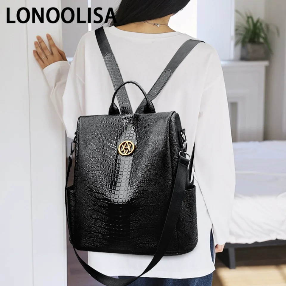 LONOOLISA Luxury Women's Designer Brand Backpack Multi-functional Travel Rucksack High Quality PU Leather Sac A Dos School Bag