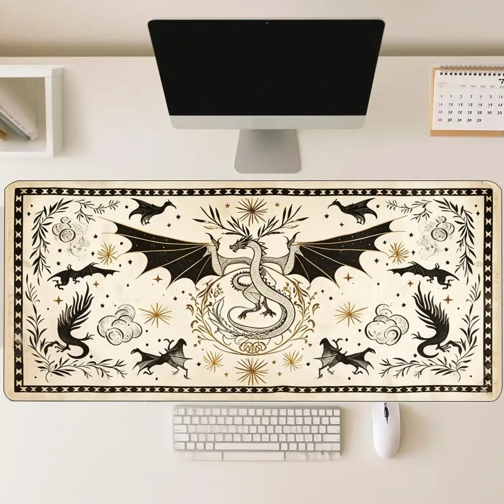Vintage Old Paper Dragon Large Mouse Pad Non Slip Rubber Desk Mat for Laptop Keyboard Gaming and Retro Fantasy Desktop Use