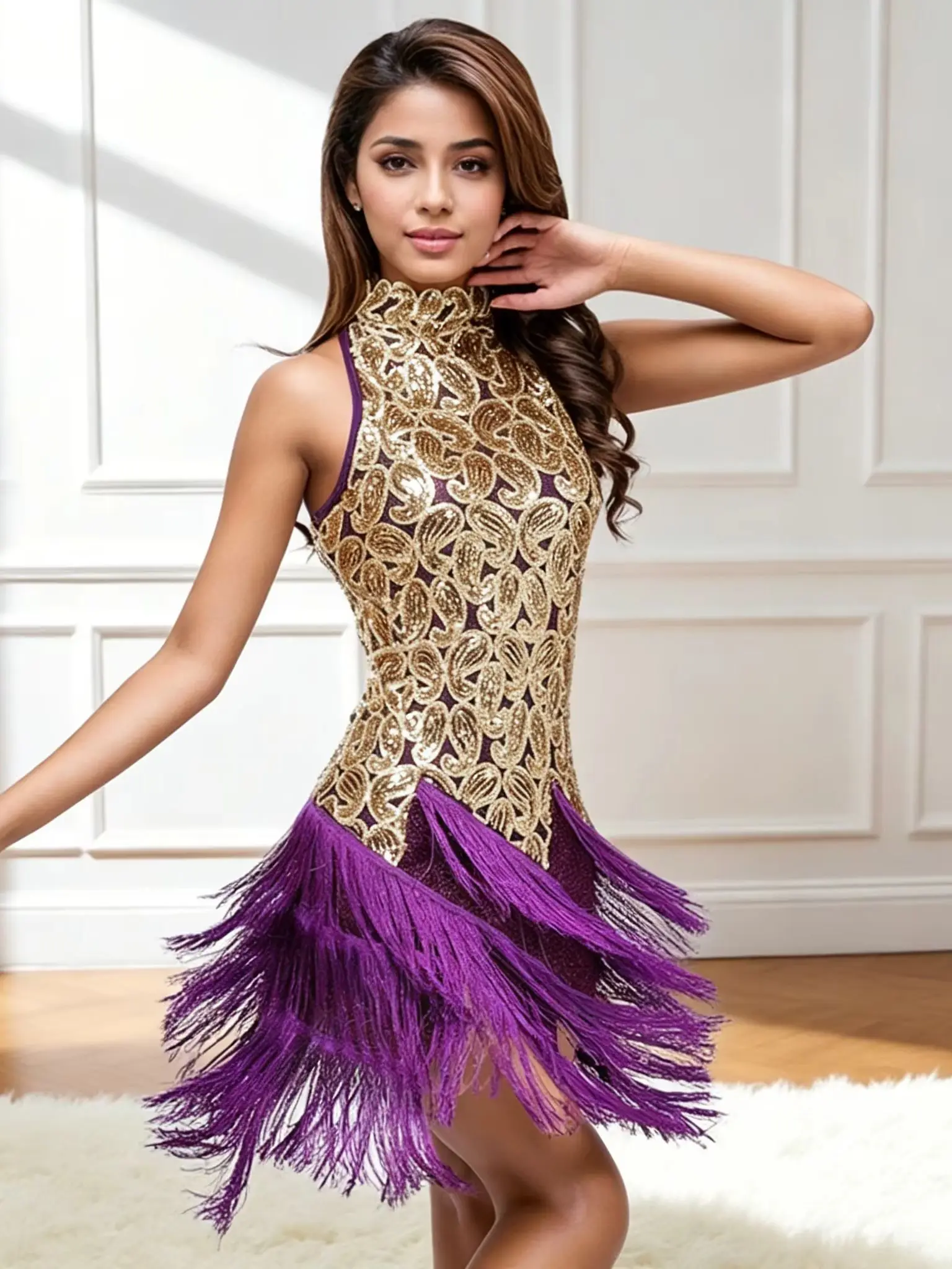 2026 Lady's Latin Tango Rumba Cha Belly Dance Sequin Fishtail Fringe Dress for Stage Performance view 3