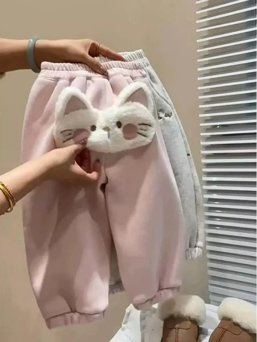 Pantaloni Foderati in Pile per Ragazze, Autunno Inverno, Alla Moda con Cartoni Animati, Pantaloni Caldi con Risvolto, Pantaloni Sportivi Foderati in Pile per Ragazze