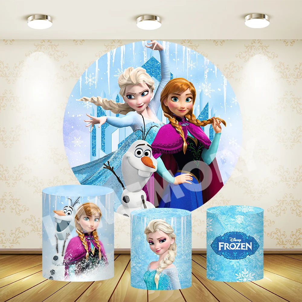 Couverture de toile de fond ronde Disney Anna Elsa, château la reine des neiges, fournitures de fête d'anniversaire pour filles, réception-cadeau pour bébé, couvertures de cylindre de support de gâteau