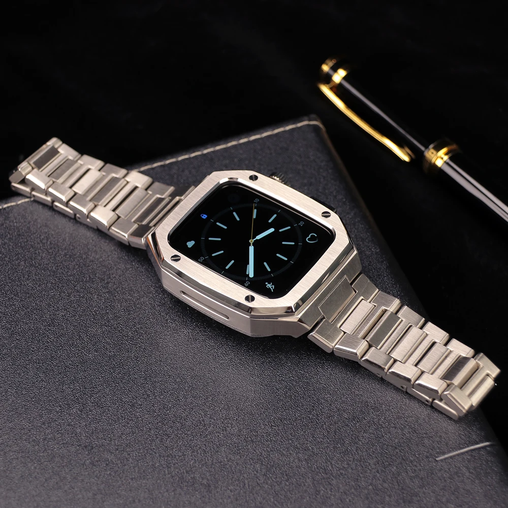 Luxury Modification Kit For Apple Watch Series 9 8 7 45mm 6 5 4 SE 44mm Metal steel Band For iWatch DIY Mod kit Bezel Case Band