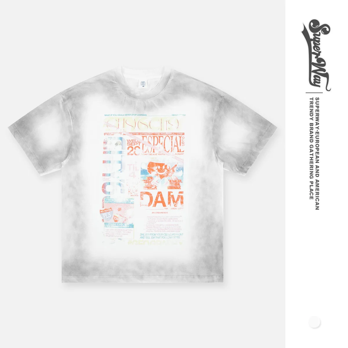 SUPER WAY Tshirts Heavyweight Gradient Washed Newspaper Print American High Street Loose T-Shirt F620