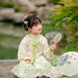 Hanfu-vestido de primavera para niña pequeña, conjunto de dos piezas con cuello de pie, falda larga, estilo antiguo