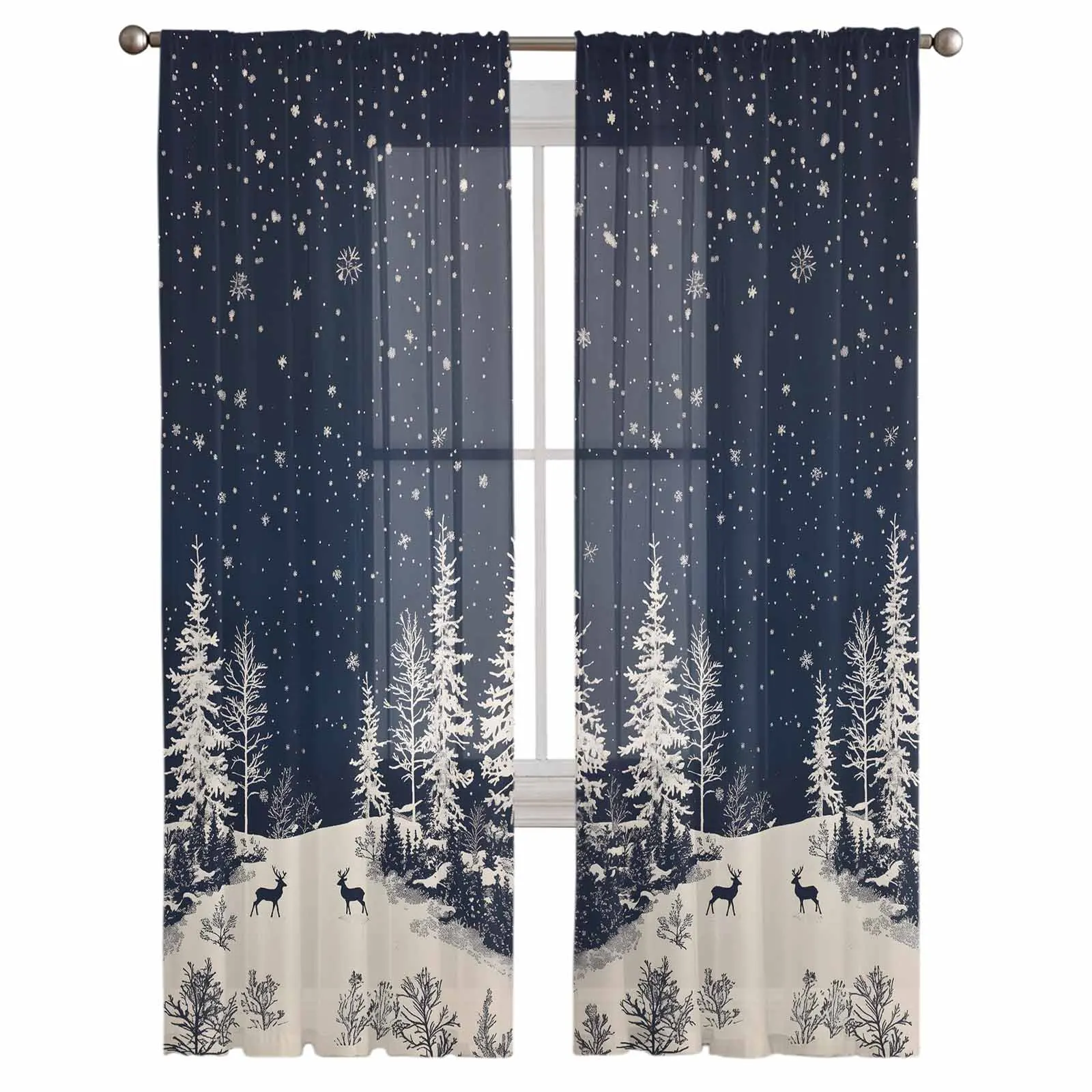 Christmas And Winter Reindeer Snow Scenery Curtains For Living Room Bedroom Home Decoration Window Voile Tulle Curtain Drapes