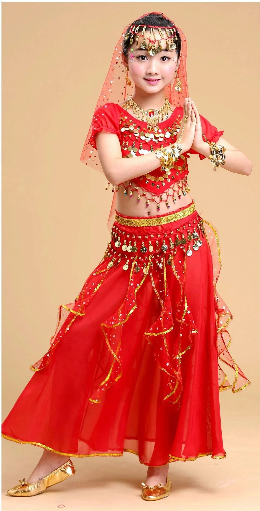 Girls' Indian Belly Folk Dance Costume Set - Sequins Embroidered Spinning Skirt for Performances