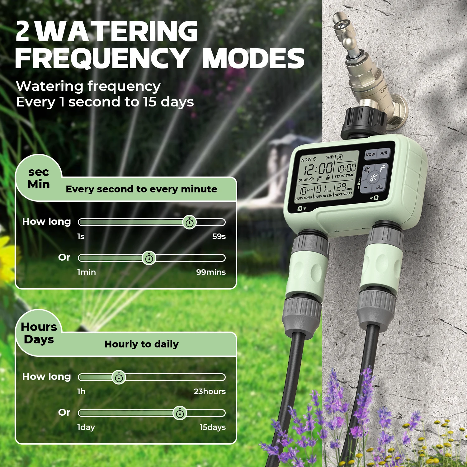 HCT-326 Eshico Temporizador de Água com 2 Saídas para Irrigação de Jardim e Quintal, Conector de Latão, Display LCD, Uso Externo