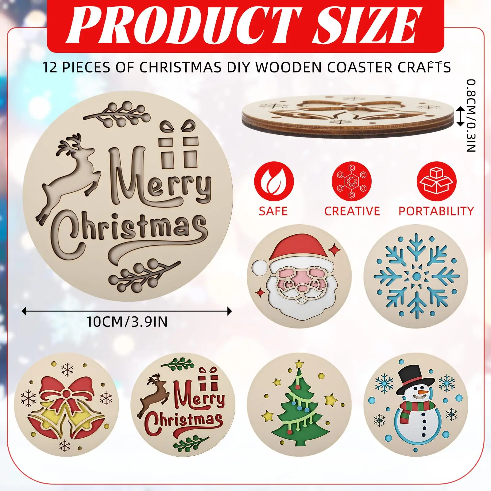 12Pcs Wooden Coasters Painting Kit DIY Craft Set Unfinished Christmas Decorations Desktop Ornaments