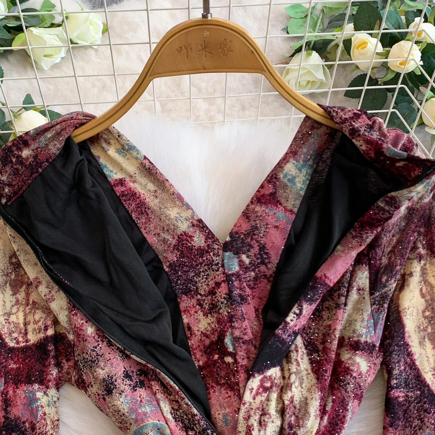 Abito vintage chic a maniche lunghe con scollo a V increspato glitterato Fata moda coreana Boho Sundress abbigliamento donna