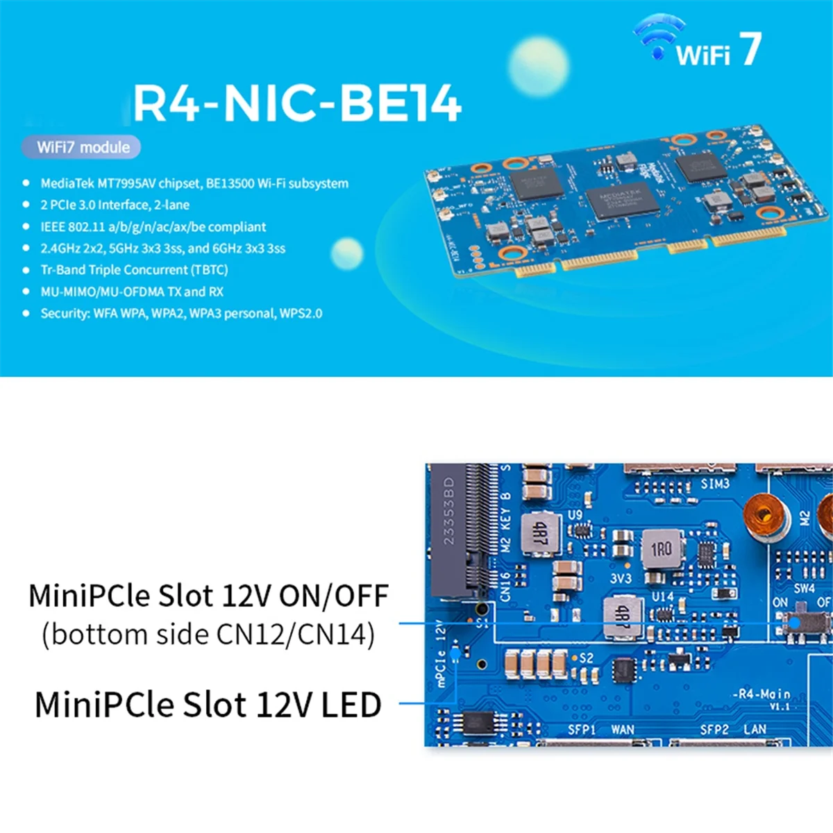 N82R dla Banana Pi BPI-R4-NIC-BE14 moduł WiFi7 i 6 sztuk antena MT7995AV PCIe3.0 2.4G/5G/6G płytka rozwojowa routera open source