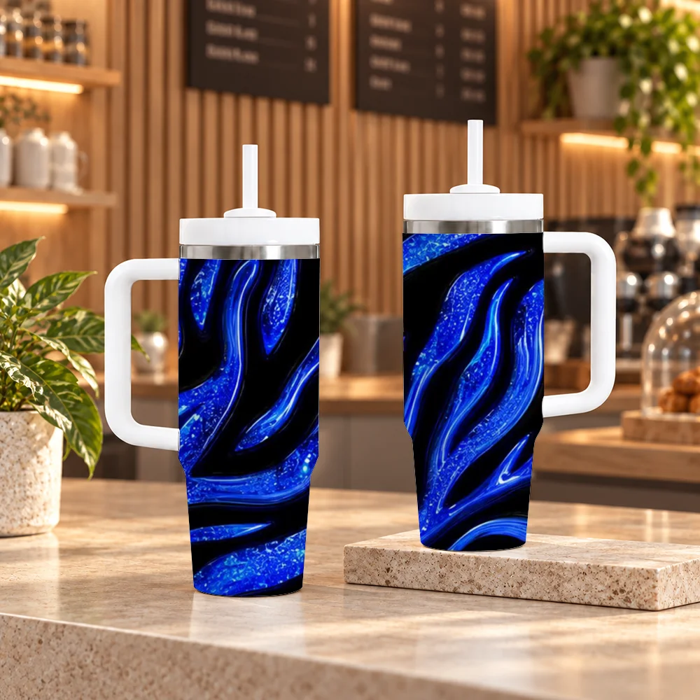 Glitter Zebra Pattern Gift Vacuum Flasks 40oz em Aco Inoxidavel com Alca e Canudo, Caneca de Viagem a Prova de Vazamentos