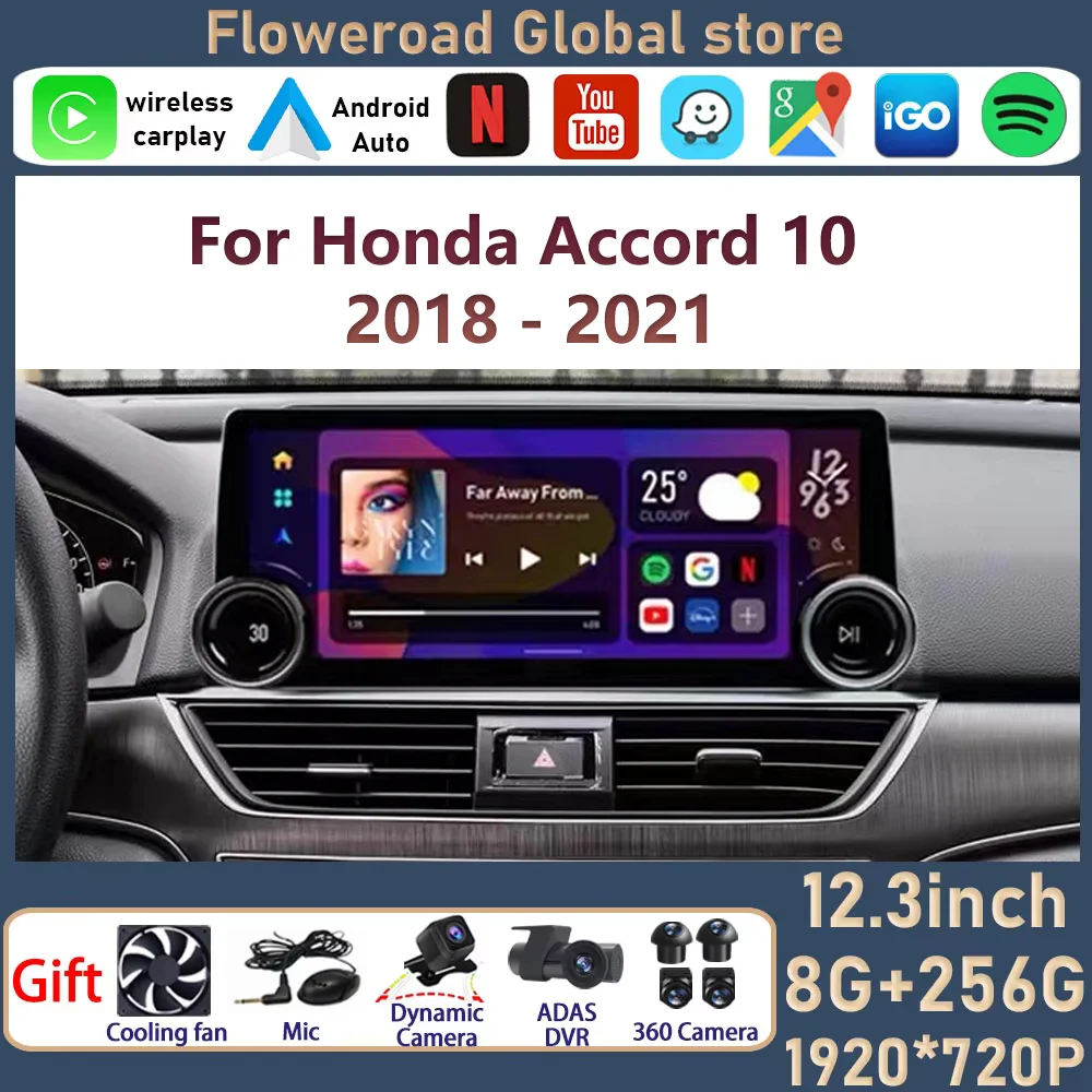 12.3 Inch For Honda Accord 10 2018 2019 2020 2021 Wireless Carplay Android 13 Auto Radio Car Multimedia Player GPS Navi DSP