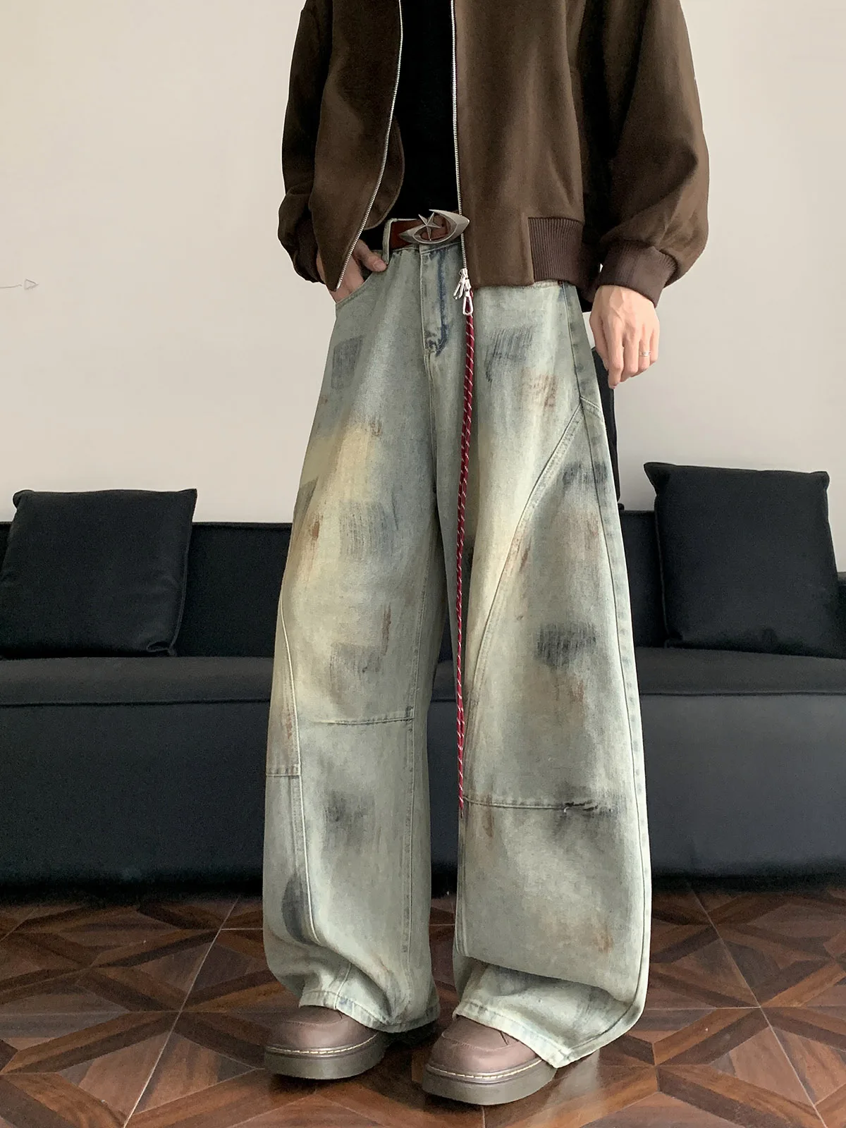 American Apocalyptic Style Dirtied Bent Knife Deconstructed Jeans Men's High Street Washed Wide Leg Teen Straight Scythe Pants