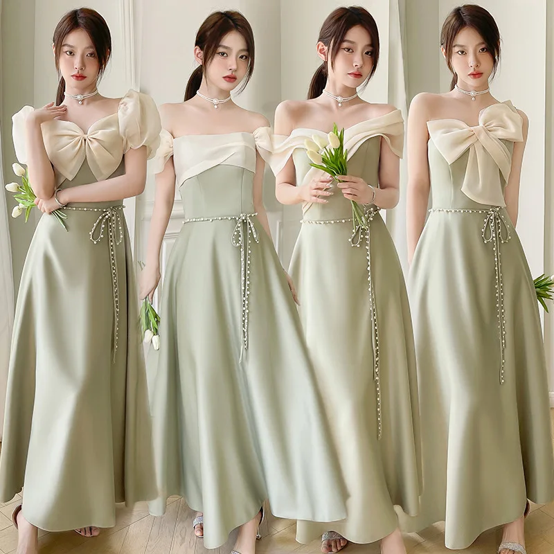 

Green Satin Bridesmaid Dress Women Big Bow Pearl Belt Off Shoulder Sister Group Gown Simple Elegant Wedding Party Dresses