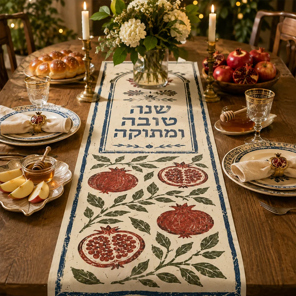 1pc Jewish New Year Table Runner - Red Pomegranate Jewish Holiday Decor, Symbol of Good Luck & Prosperity - Table Decoration