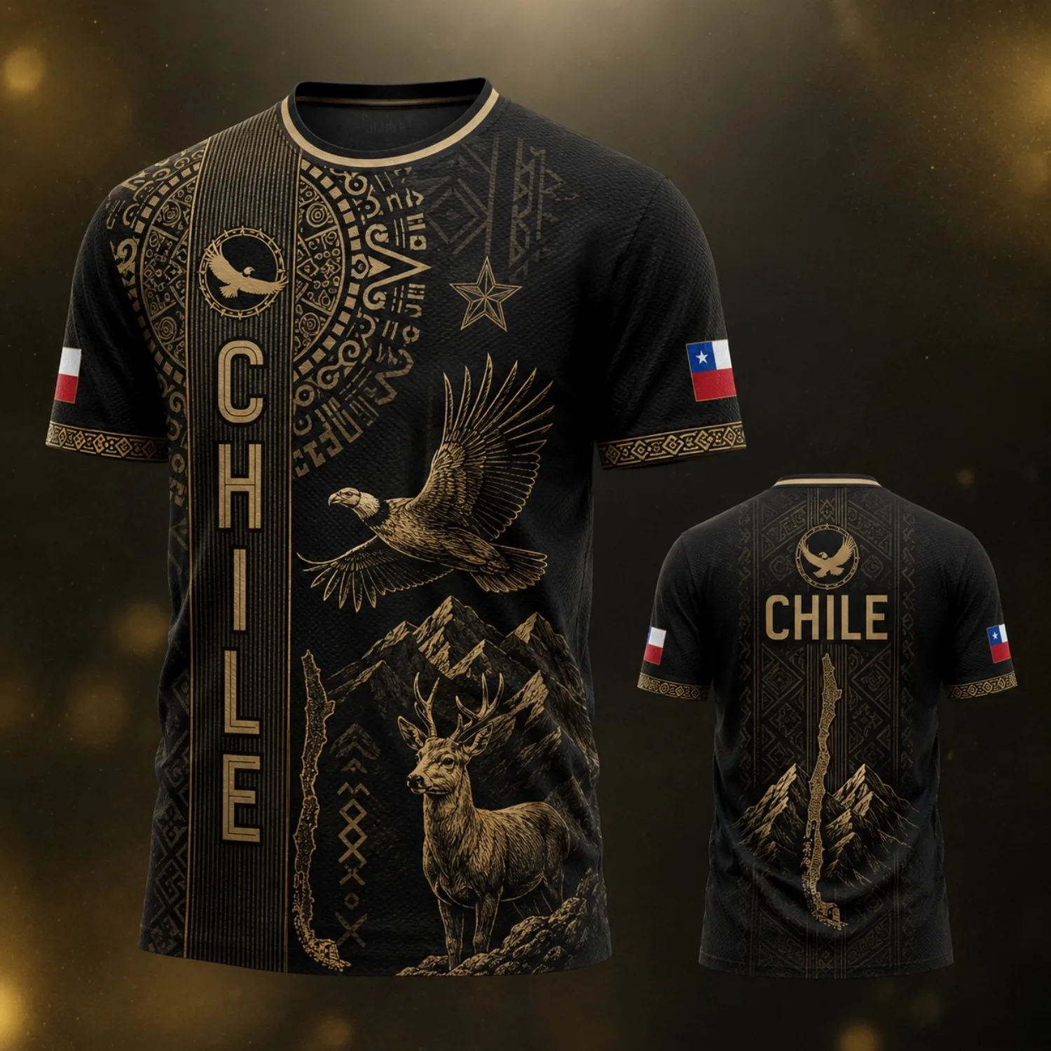 Mens Crew Neck Tee Shirt Chile Black Gold Eagle Deer Mountain Graphic Short Sleeve Casual Street Outdoor Team Style Top Wear Tee