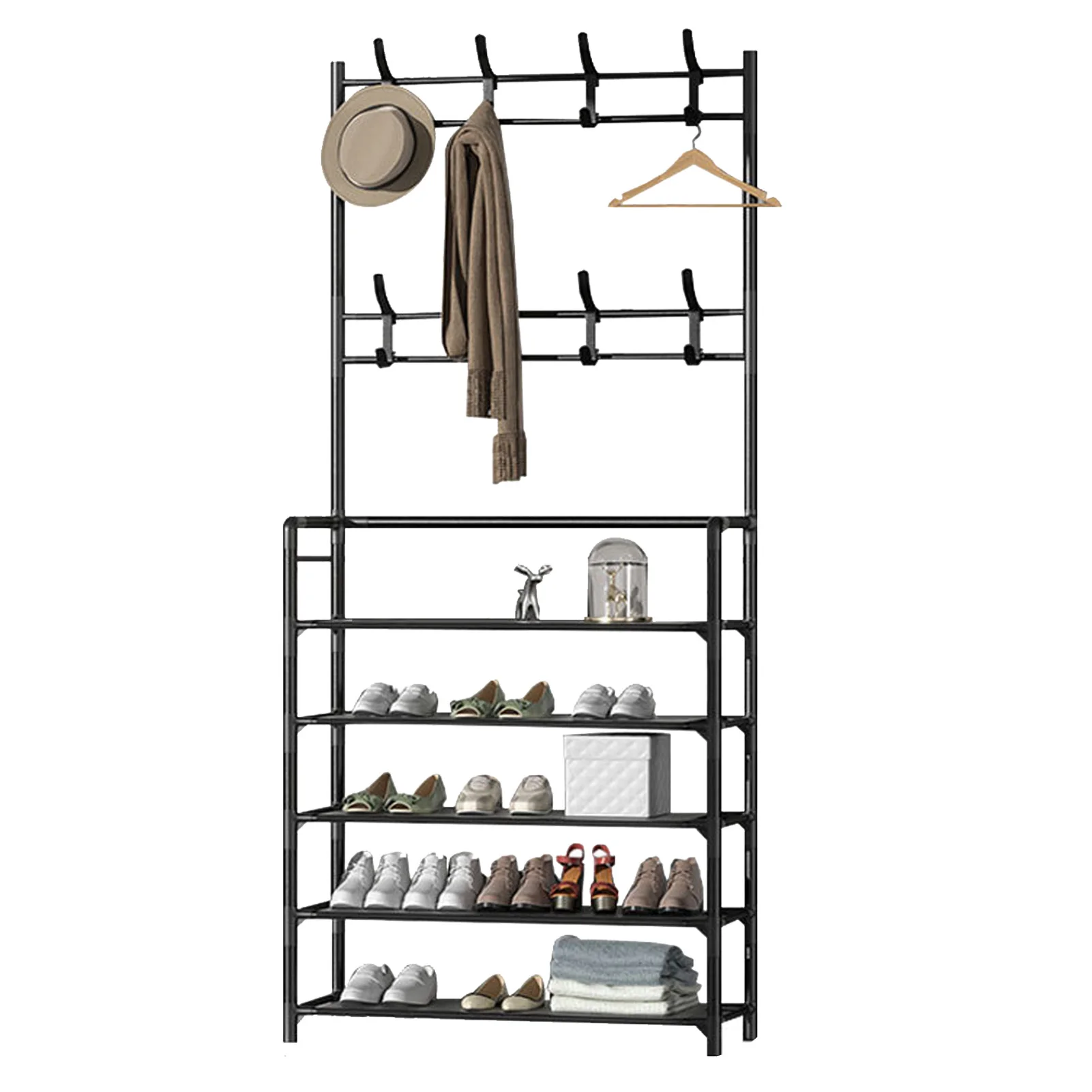 

Coat Rack Stand Space Saving Freestanding Entryway Clothes Hanging Organizer Metal 2 In 1 Multifunction with Hooks for Office