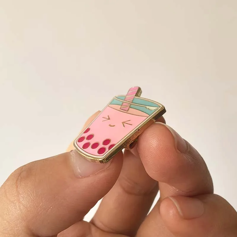 Food Drink Pink Cu-Tea Smile Boba Lapel Pins Milk Tea Strawberry Bubble Tea Badge