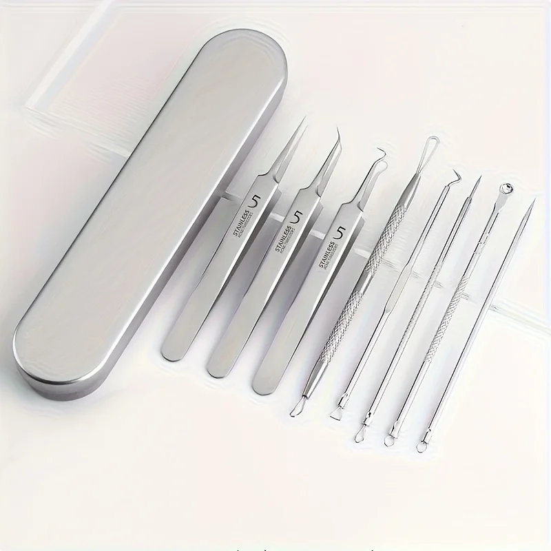 Ensemble d'outils d'élimination des points noirs, en acier inoxydable, soins professionnels de la peau du visage, traitement des imperfections, pincettes de précision métalliques, 8 pièces