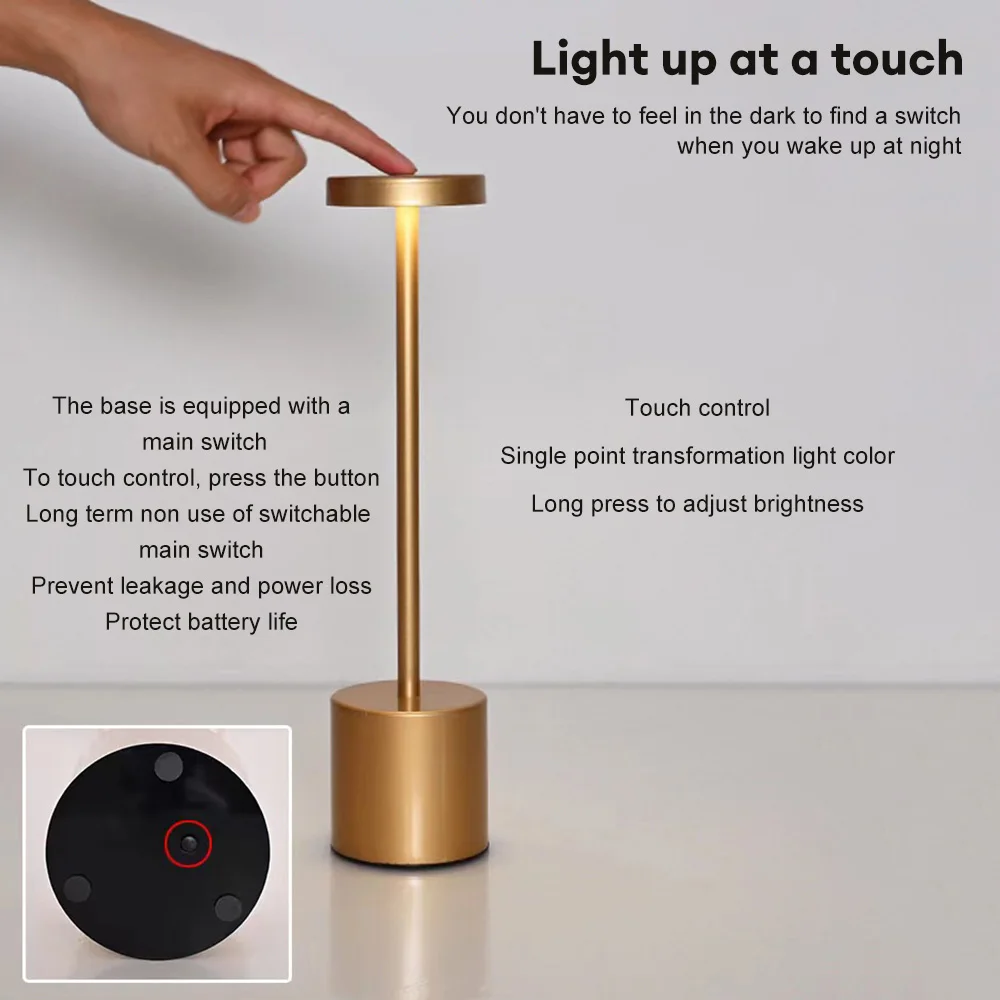 LED Table Lamp Touch Rechargeable Desk Lamp 3-Color Bedroom Bedside Reading Night Light for Bar Restaurant Home Outdoor Decor