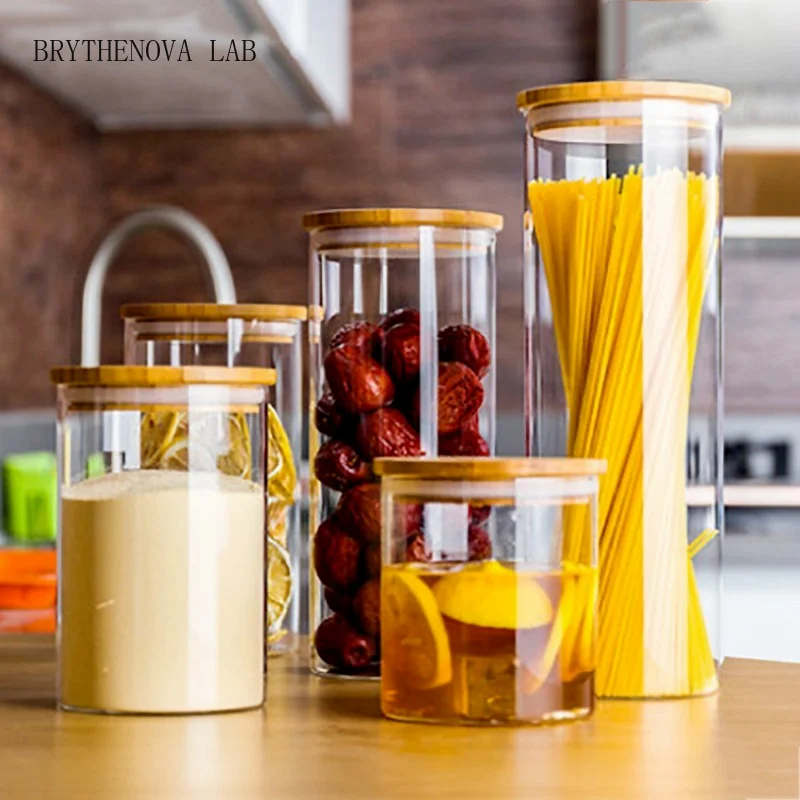 800ml-2000ml Glass Food Sealed Jar Box Bamboo Lid to Contain Bottle Seasoning Powder Noodles Can Tea Can Food Storage Container