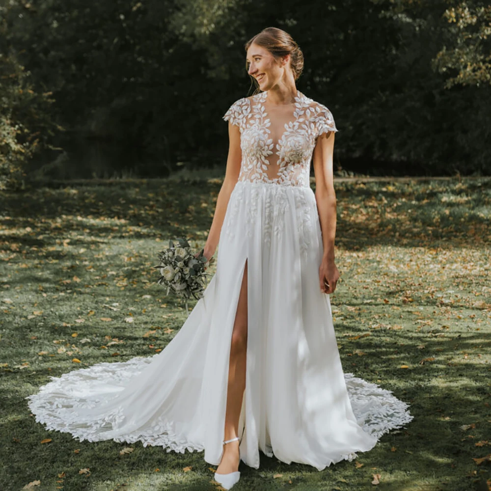 Embroidered High Split Wedding Dress Customized A Line Cap Sleeves Open Back Transparent Illusion Top Lace Luxury Bridal Gown