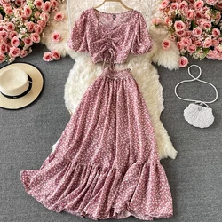 Summer Women Floral Print Chiffon Skirt Sets 2022 Short Sleeve Drawstring Crop Tops Skirts 2PCS Suits Female Chic Clothes Sets