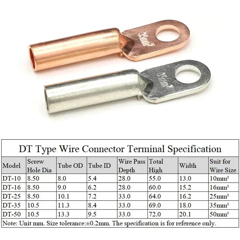 2~10pcs Copper Tube Wire Terminal DT-10 16 25 35 50mm² Crimp Splice Block Bare Bolt Hole Nose Tube Lug Cable Connector