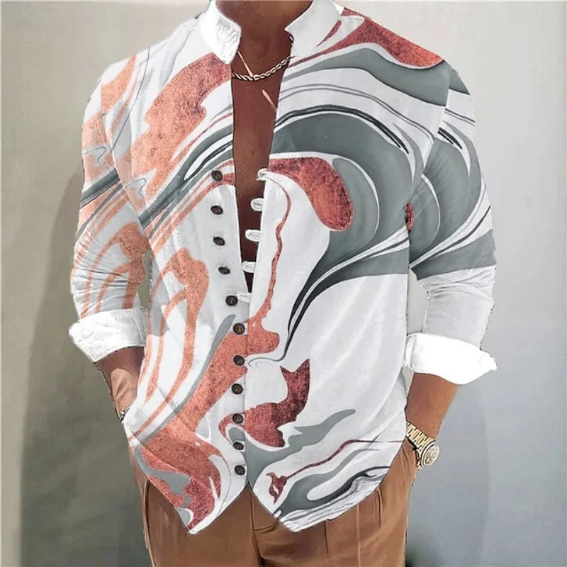 Men's marble fluid printed long sleeved shirt with stand up collar, artistic ink pattern, trendy men's top