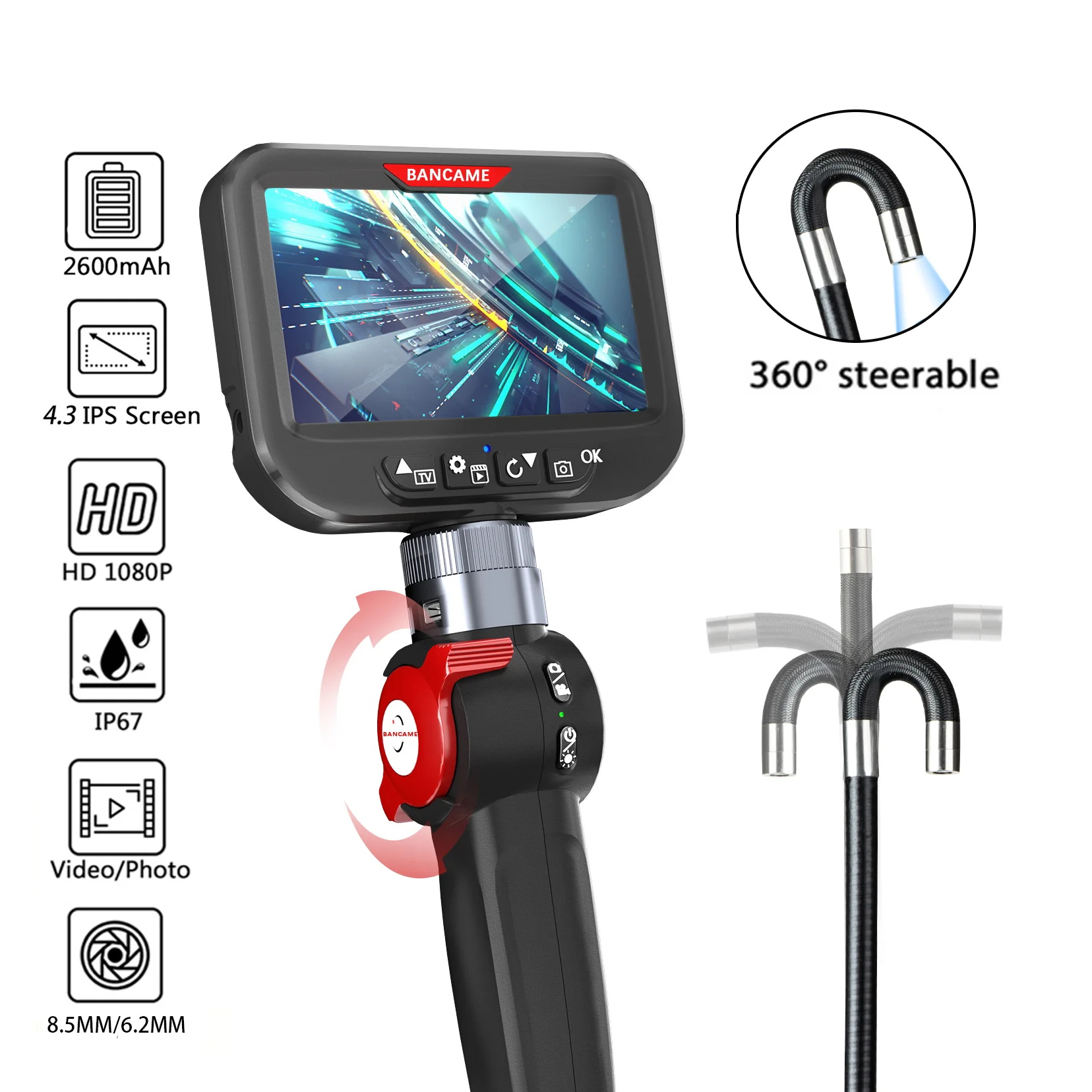 Two-Way 360° Steering Industrial Endoscope 8.5mm Lens IP67 HD1080P Camera Car Engine Sewer Inspection Borescope For Android iOS