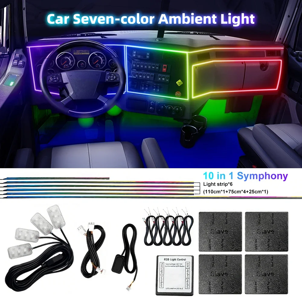 

18 в 1, двухзонный симфонический стример, автомобильное окружающее освещение, внутренний светодиод, полноцветная RGB неоновая акриловая лента, комплект атмосферного освещения, приложение