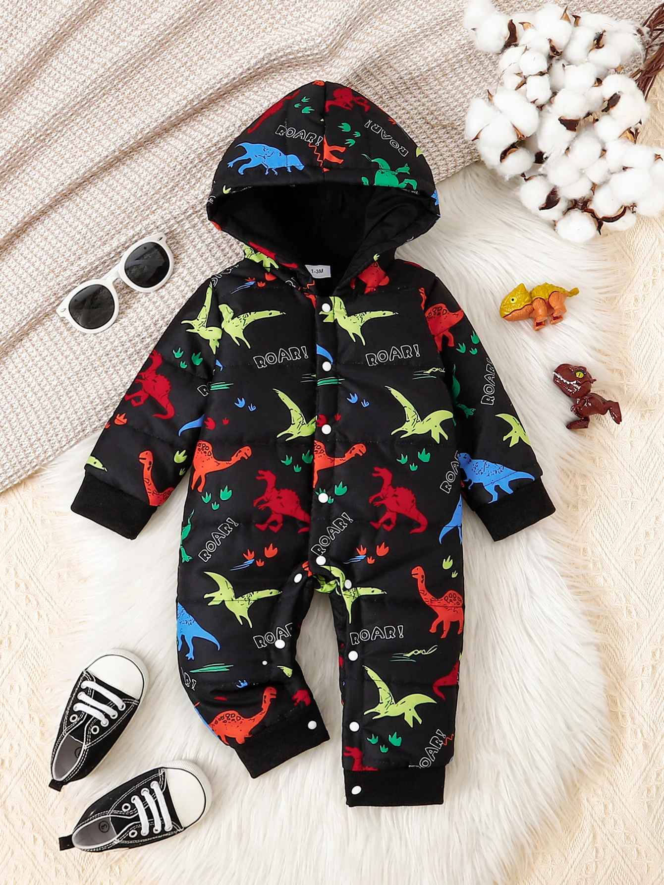 Roar Dino All Over Print Warm Padded Baby Romper Hooded Cuff Design Soft Lined Winter Outdoor One Piece Boy Outfit 1-18M