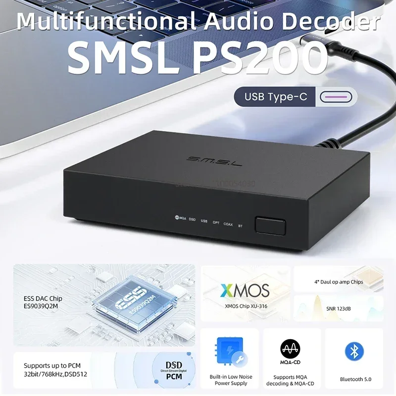 New! SMSL PS200 DAC ES9039Q2M MQA MQA-CD Decoder Bluetooth Hi-res Audio DAC 4PCS Dual Op Amps High-end Mini DAC For PS4 PS5