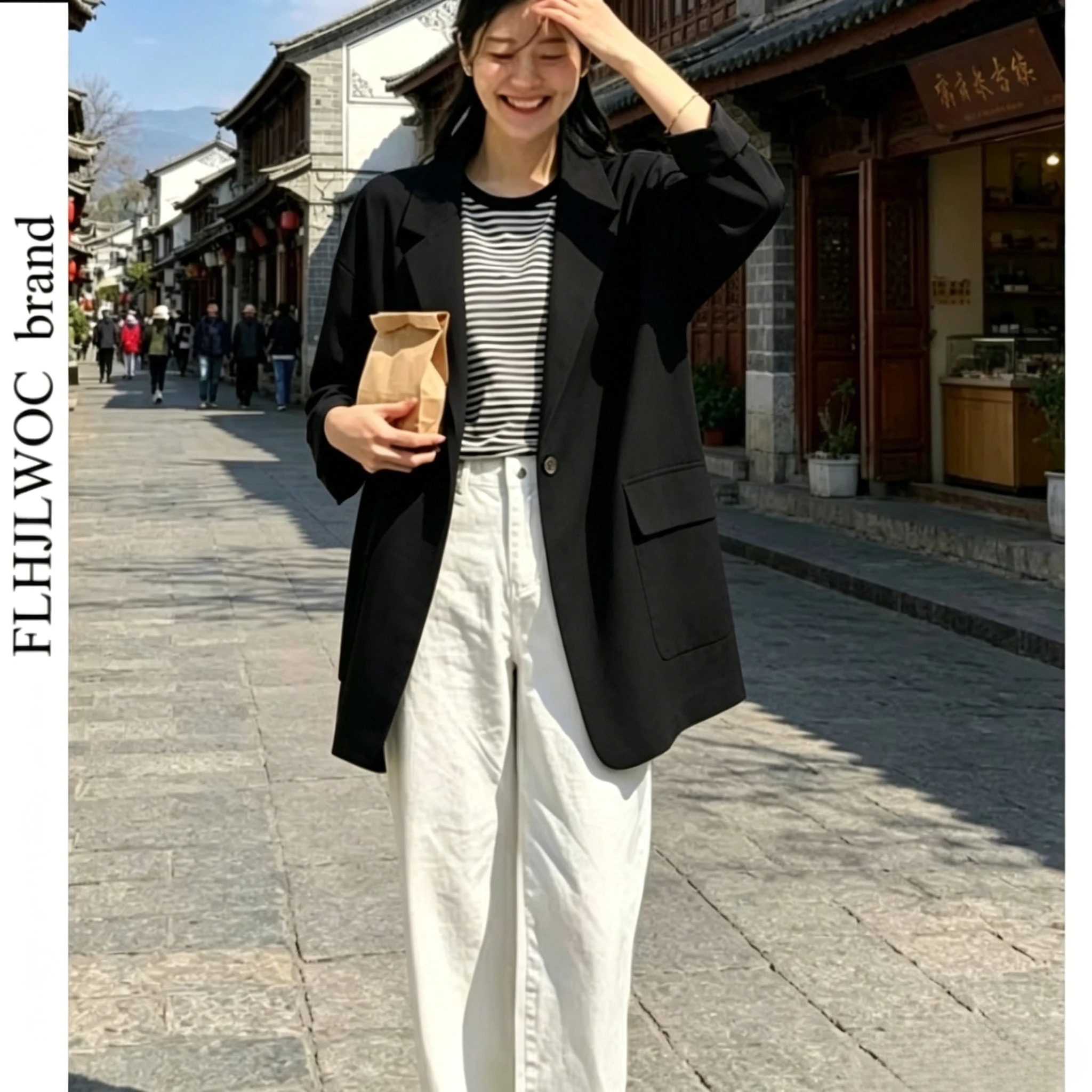 

Thin Airy Pure Cotton Linen Outerwear Coats Women One Button Loose Comfortable Relaxed Fit Casual Cotton Notched Blazer Coat