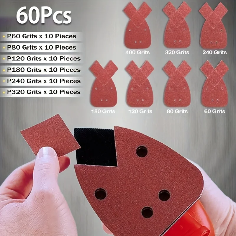 60Pcs Mouse Sanding Pads Set 4‑Hole Fit Black And Decker Detail Palm Mouse Sander Grit 60 80 120 180 240 320 Sandpaper Discs